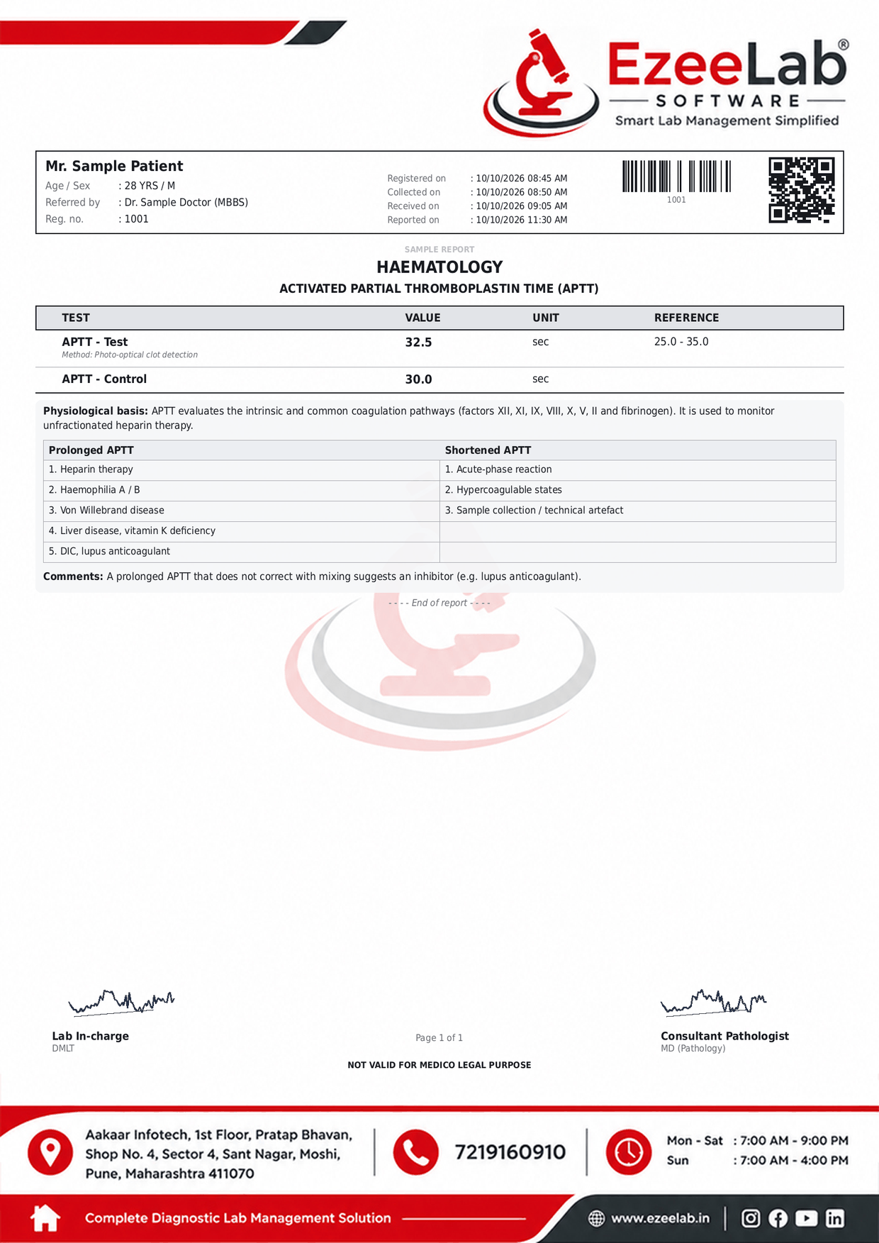 Activated partial thromboplastin time, APTT Report Format